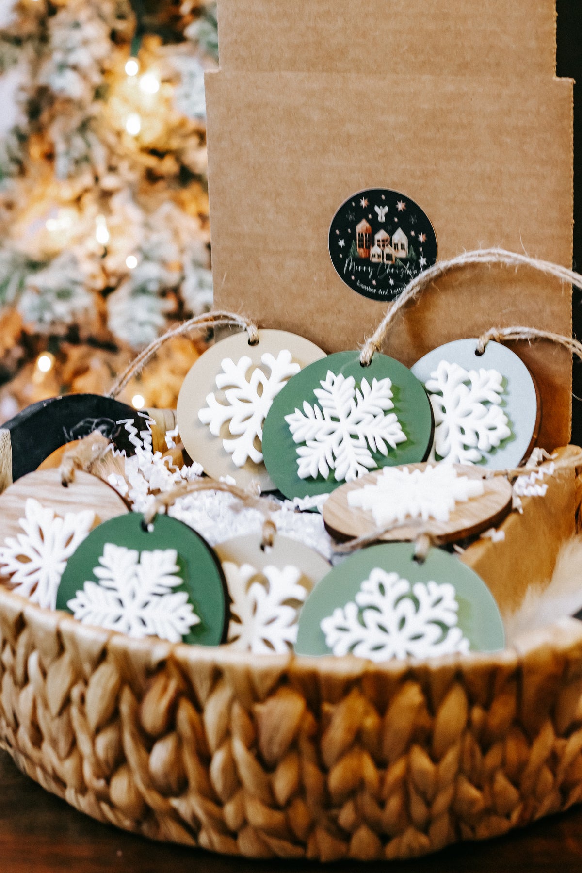 Layered wooden snowflake ornaments with twine loops, white snowflakes on green discs
