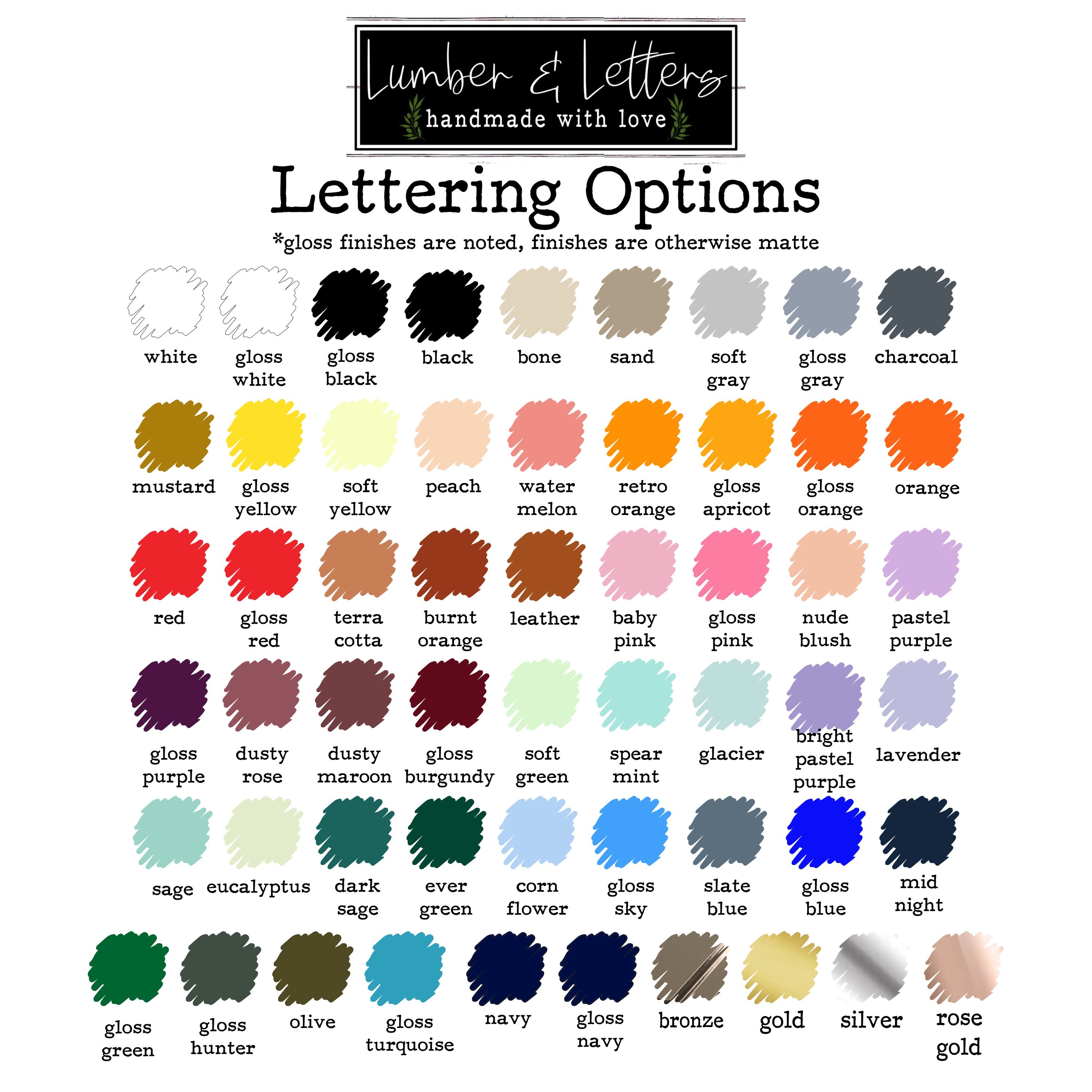 Affirmation sign lettering color chart with many shades and finishes