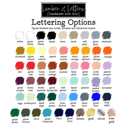 Affirmation sign lettering color chart with many shades and finishes