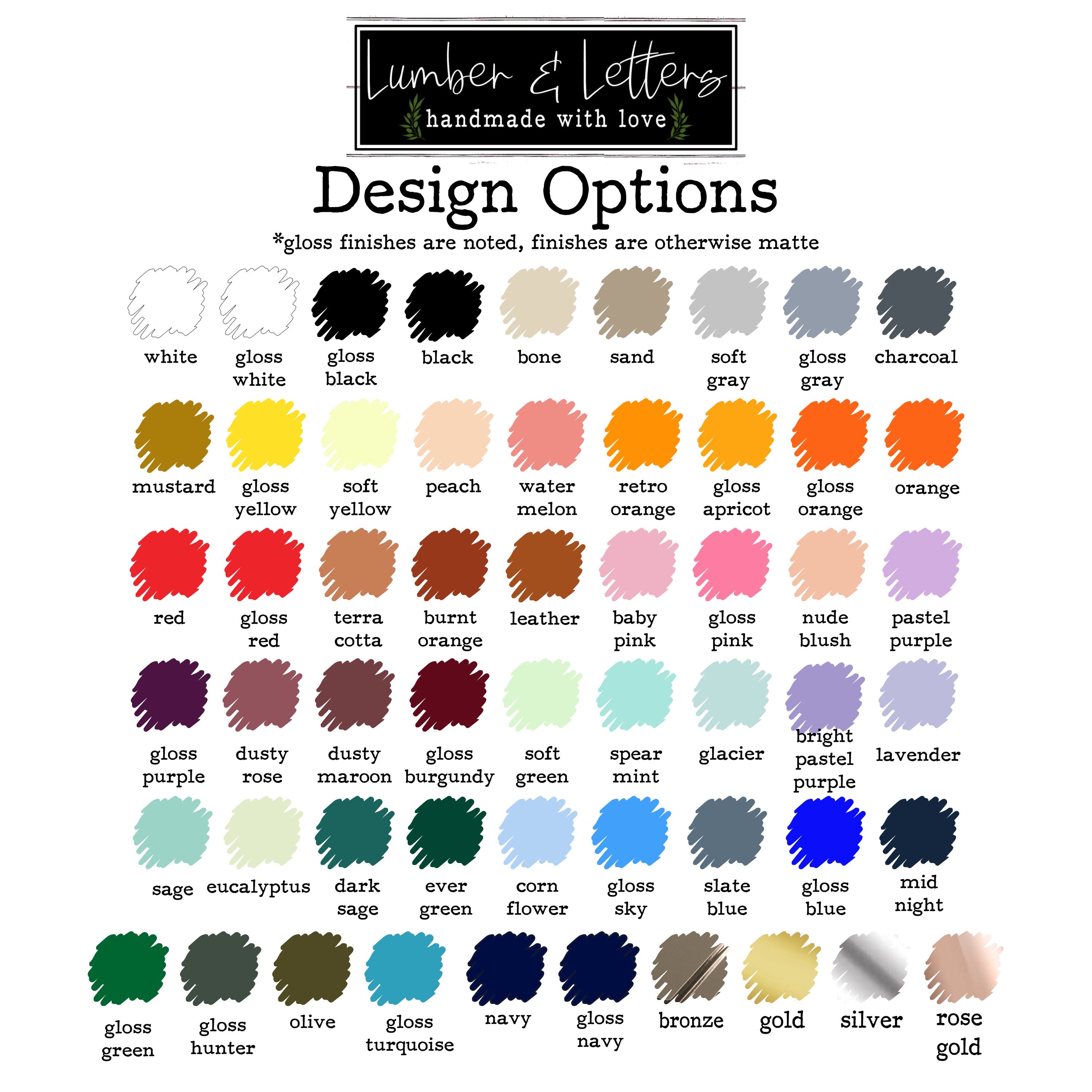 3D restroom sign design options chart with multiple finish color swatches