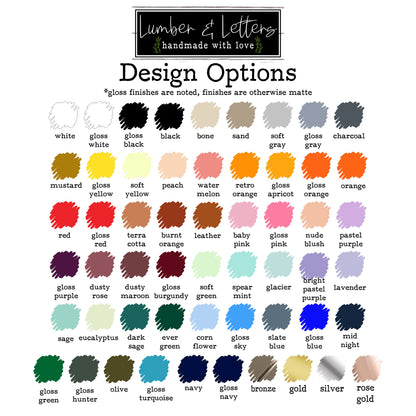 3D restroom sign design options chart with multiple finish color swatches