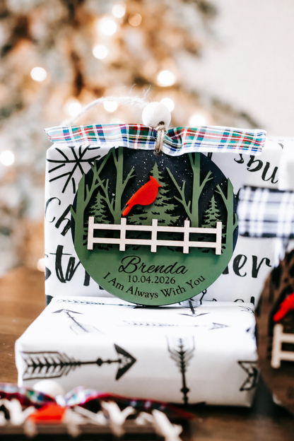 Personalized cardinal memorial ornament with plaid bow, red cardinals, name text, tree fence