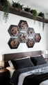 Wall arrangement of hexagon dimensional wood art signs with carved magnolia flowers, dark frames.