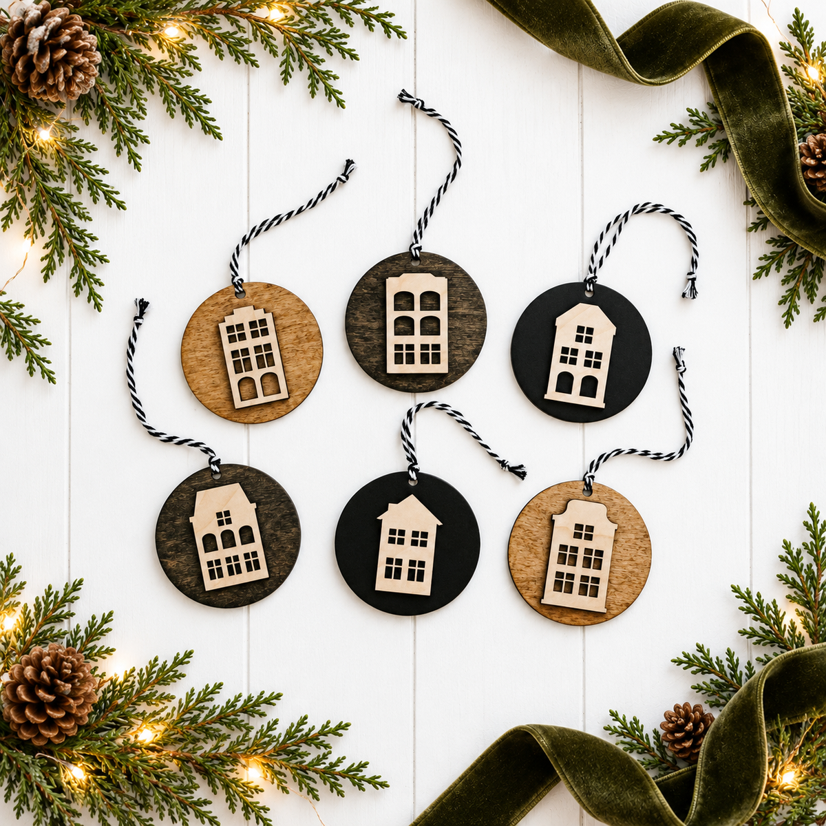 Round wooden house ornaments with cutout windows, hanging on striped twine cords