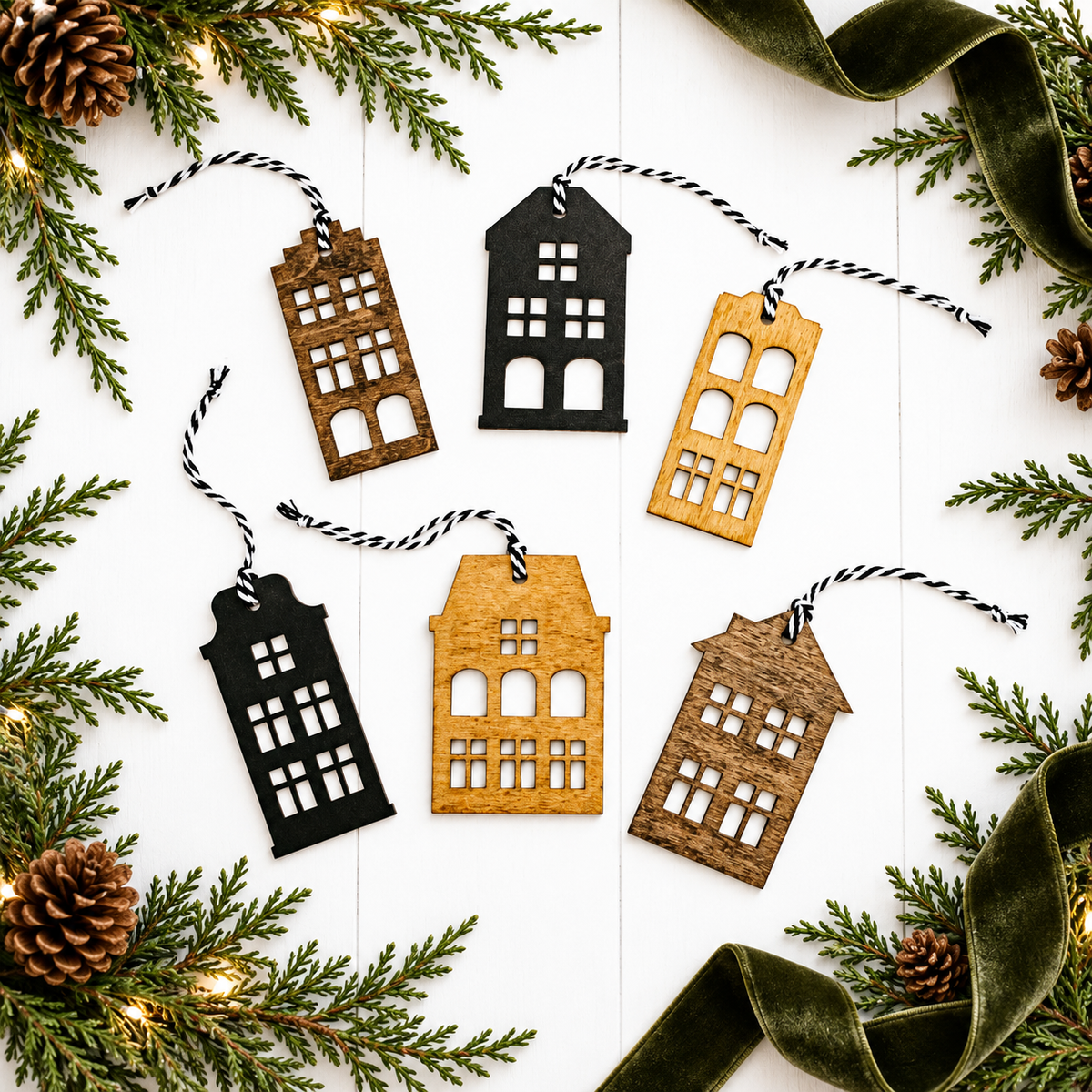 Hand-Stained Wooden House Christmas Ornaments | Timber &amp; Ember Collection
