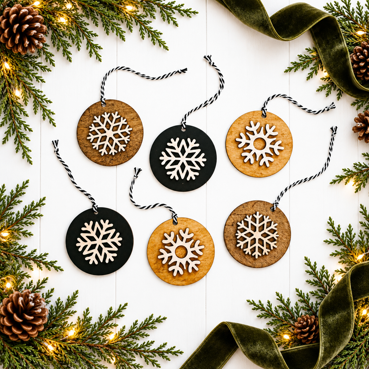 Set of hanging round snowflake ornaments in light wood and black with white cutout snowflakes