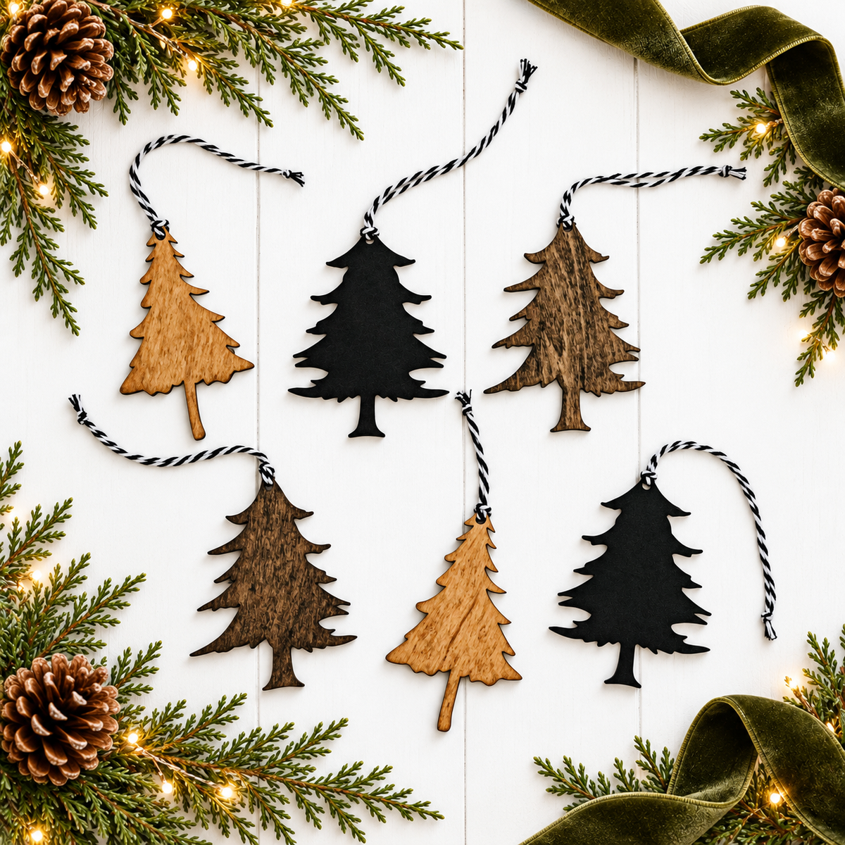 Spruce tree Christmas ornaments with black, tan, and brown finishes on string hangers.
