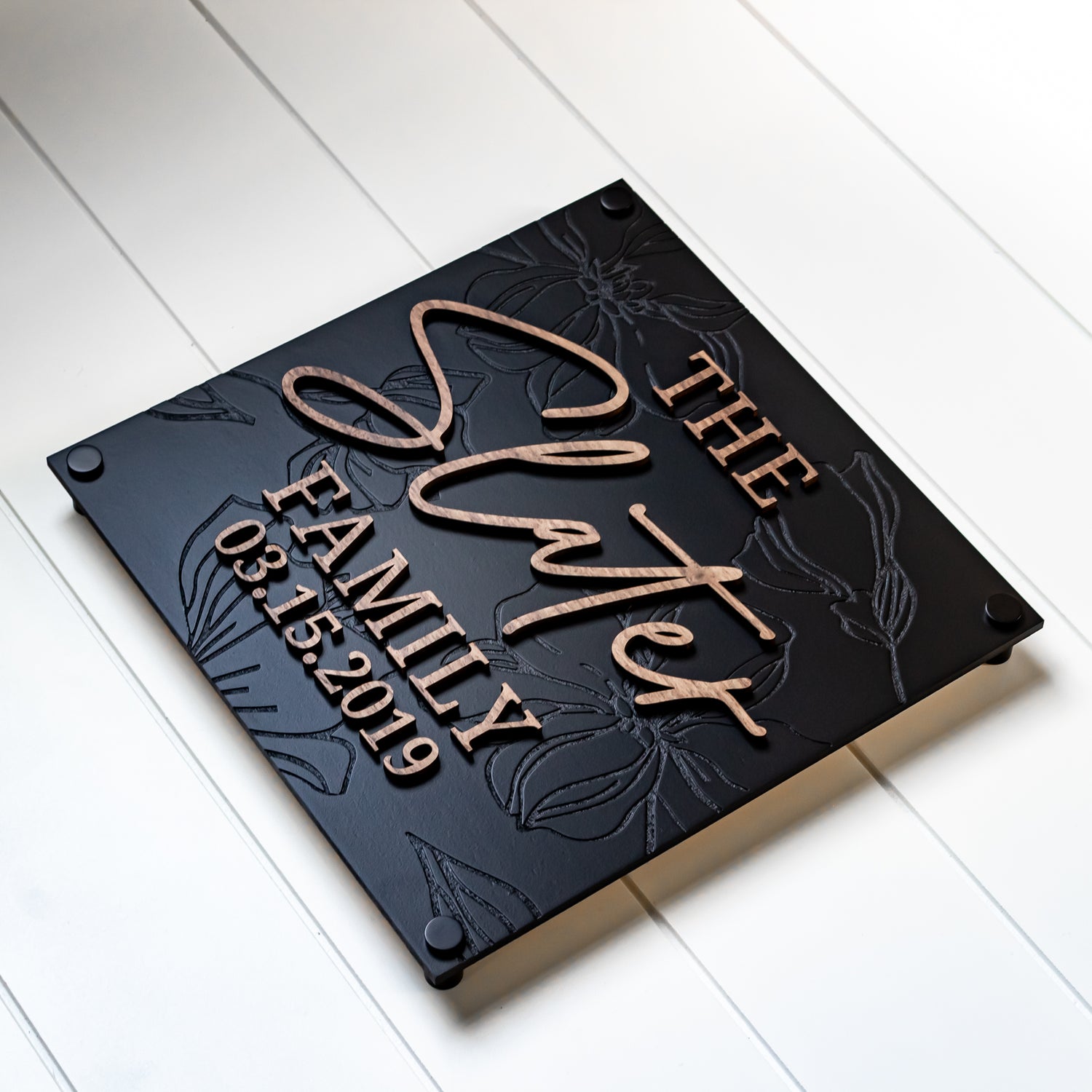 Luxury Modern Floral Engraved Square Family Sign