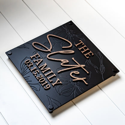 Luxury Modern Floral Engraved Square Family Sign