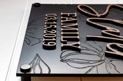 Luxury Modern Floral Engraved Square Family Sign
