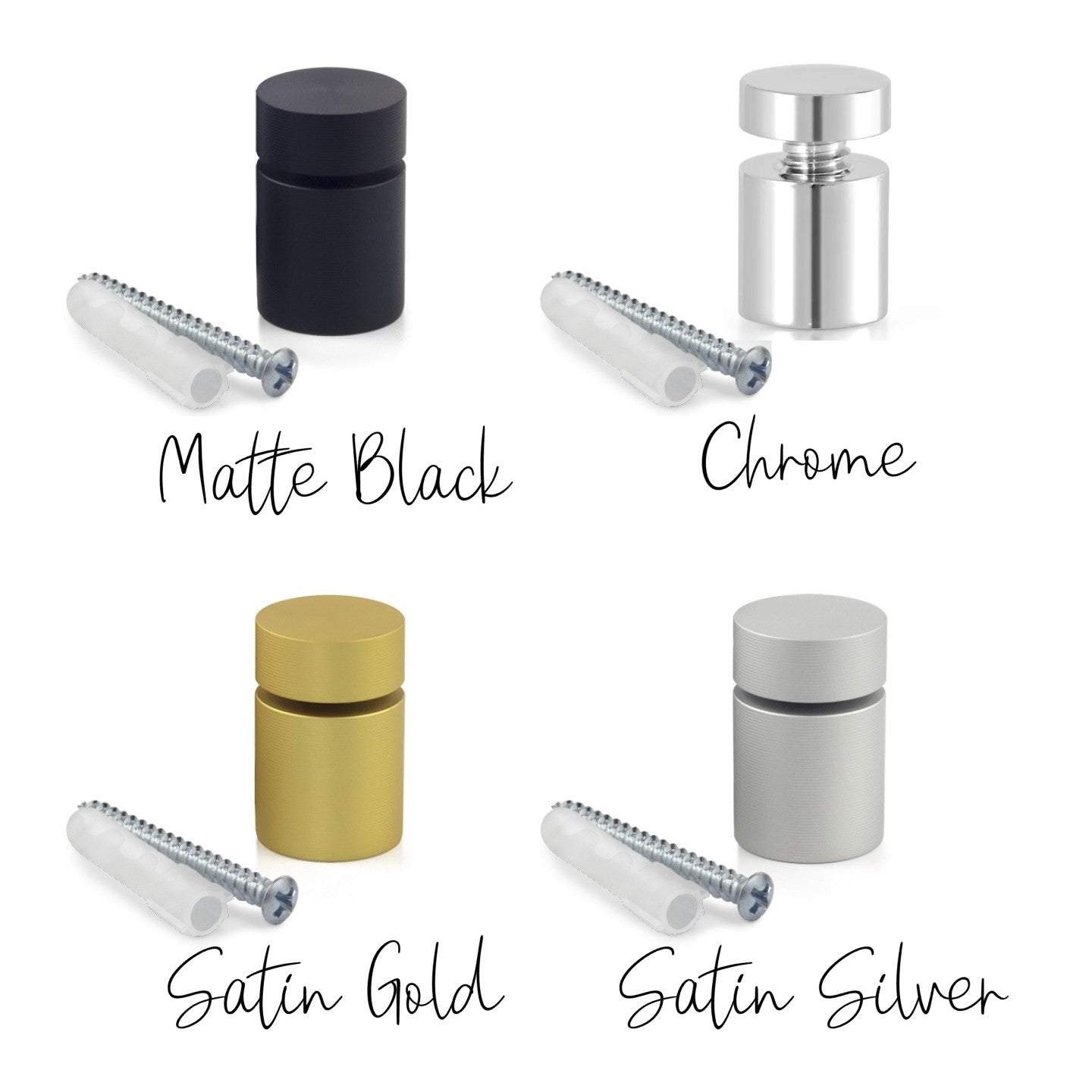 Cylindrical cabinet knob and mounting screw, shown in matte black, chrome, satin gold, satin silver