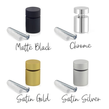 Cylindrical cabinet knob and mounting screw, shown in matte black, chrome, satin gold, satin silver