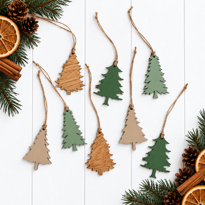 Wooden Christmas tree ornaments set in green, dark brown, and tan with twine loops