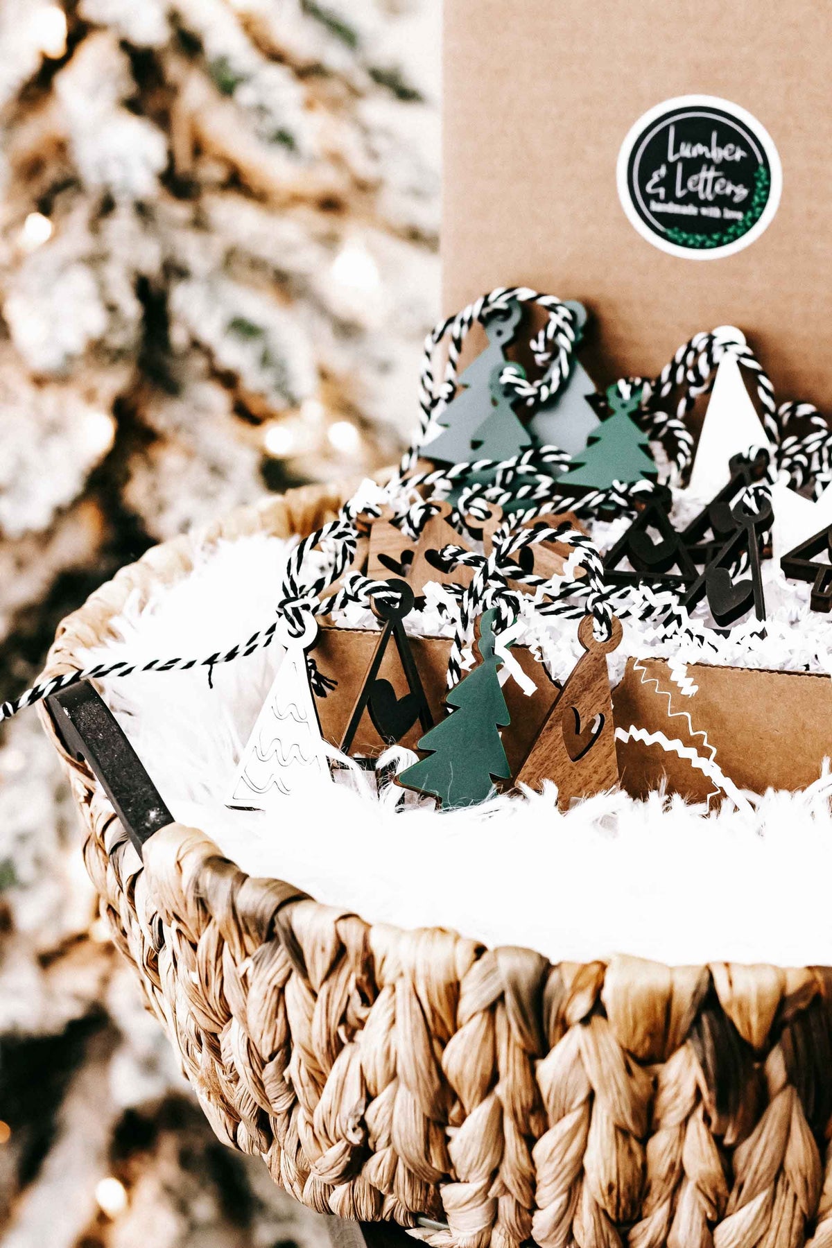 Set of mini wooden Christmas ornaments with hanging loops, green and brown tree accents