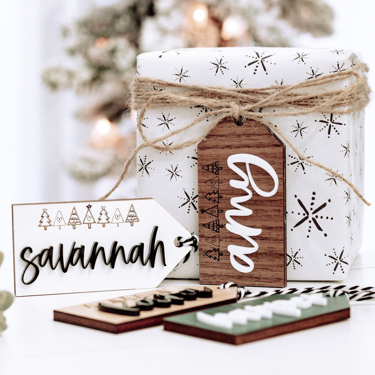 Personalized stocking gift tag set, white snowflake design with name &