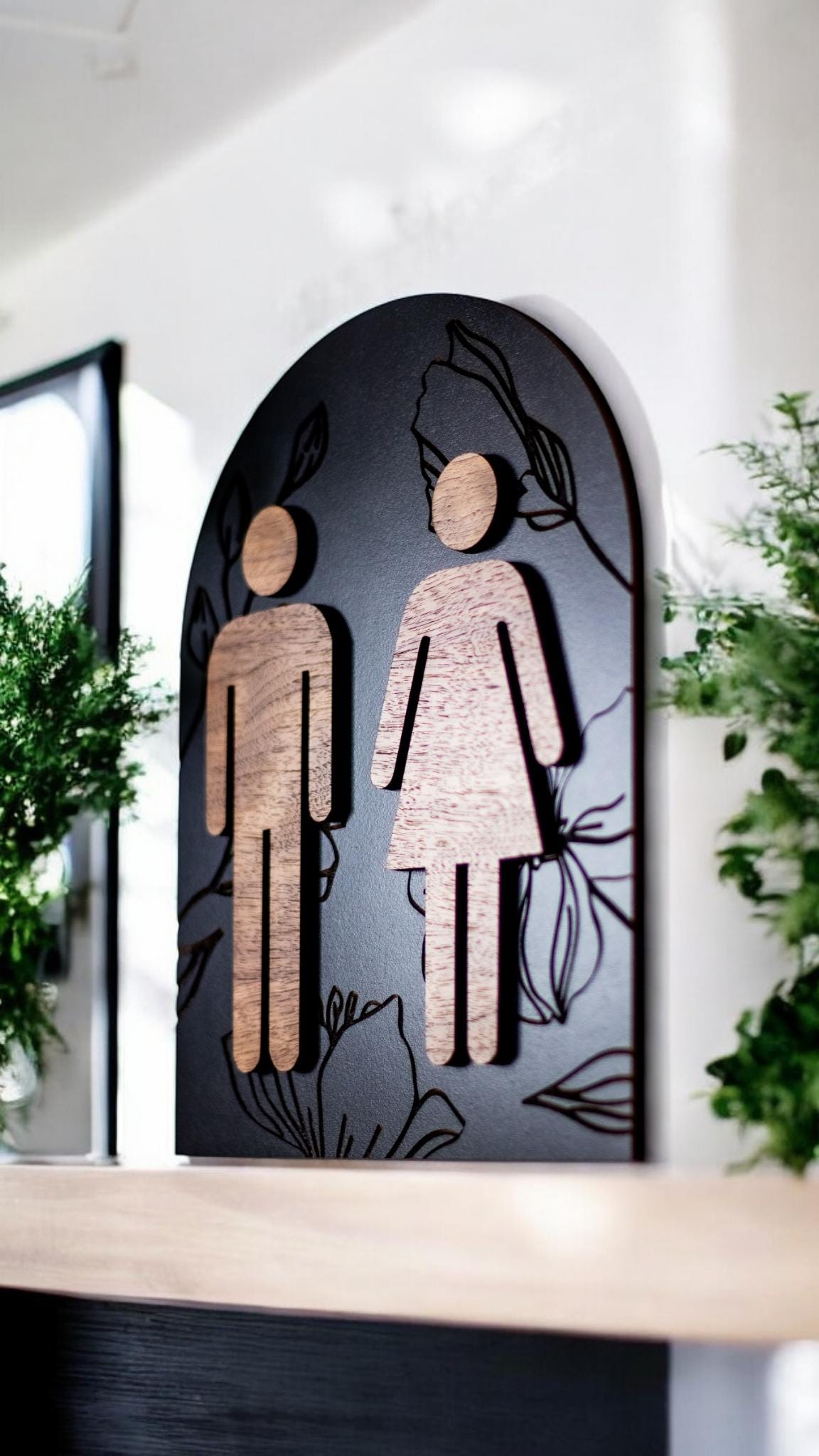 Modern Arch Floral Engraved Restroom Sign