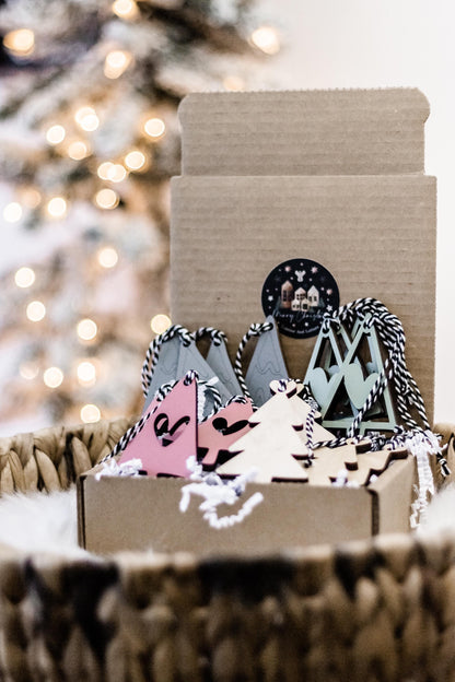 Boho Christmas ornaments in kraft box with hanging trees in gray, blush pink, and sage tones