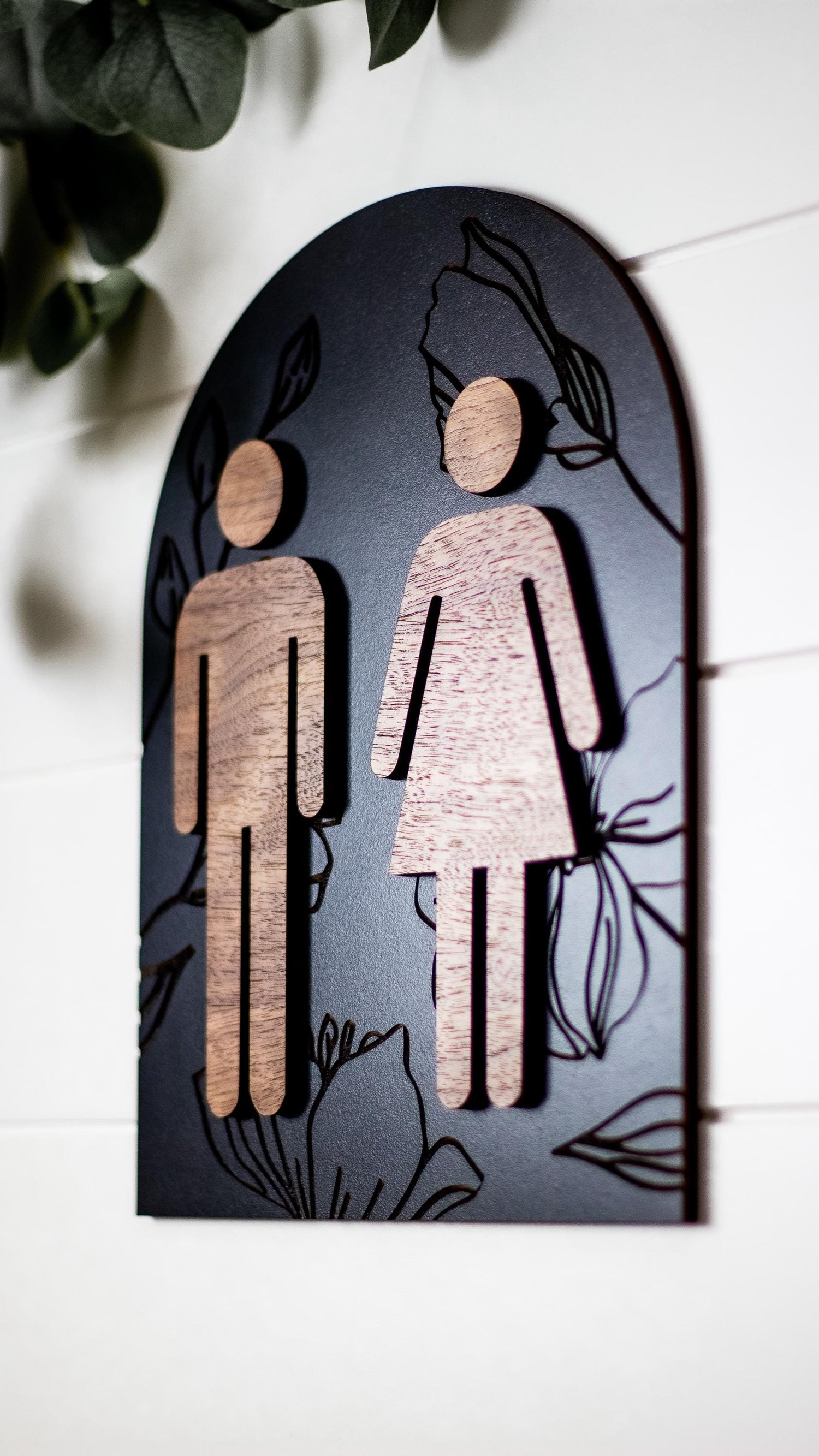 Modern Arch Floral Engraved Restroom Sign
