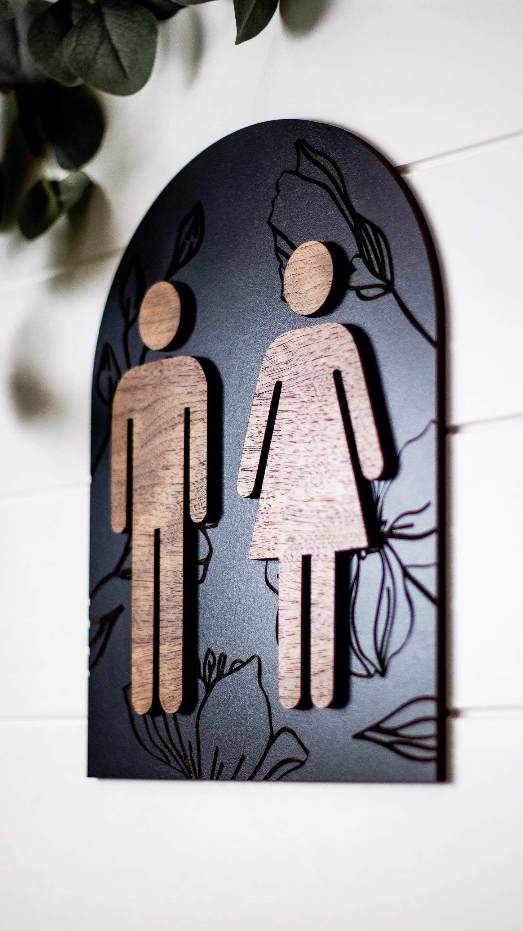 Modern Arch Floral Engraved Restroom Sign