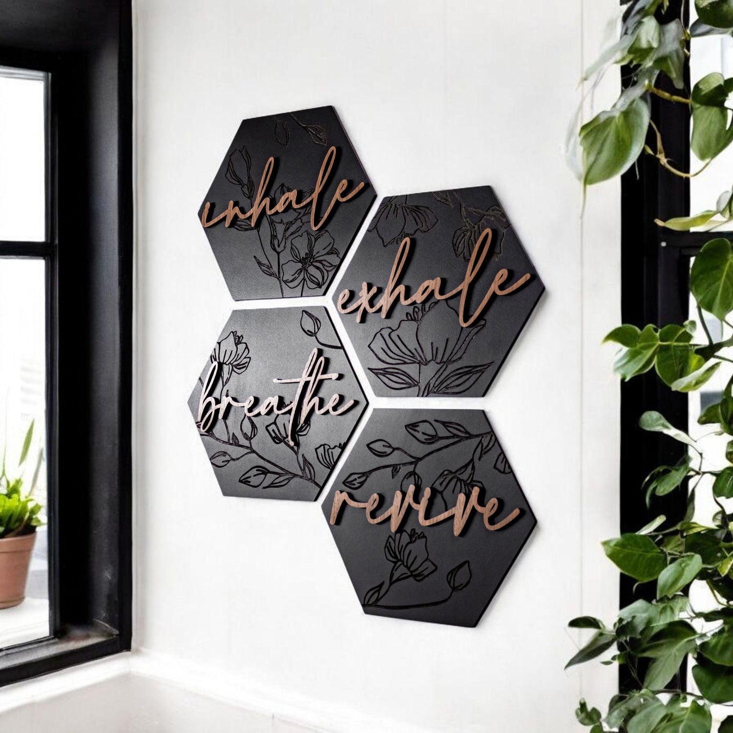 Lux Floral Engraved Hexagon Wooden Wall Art Set