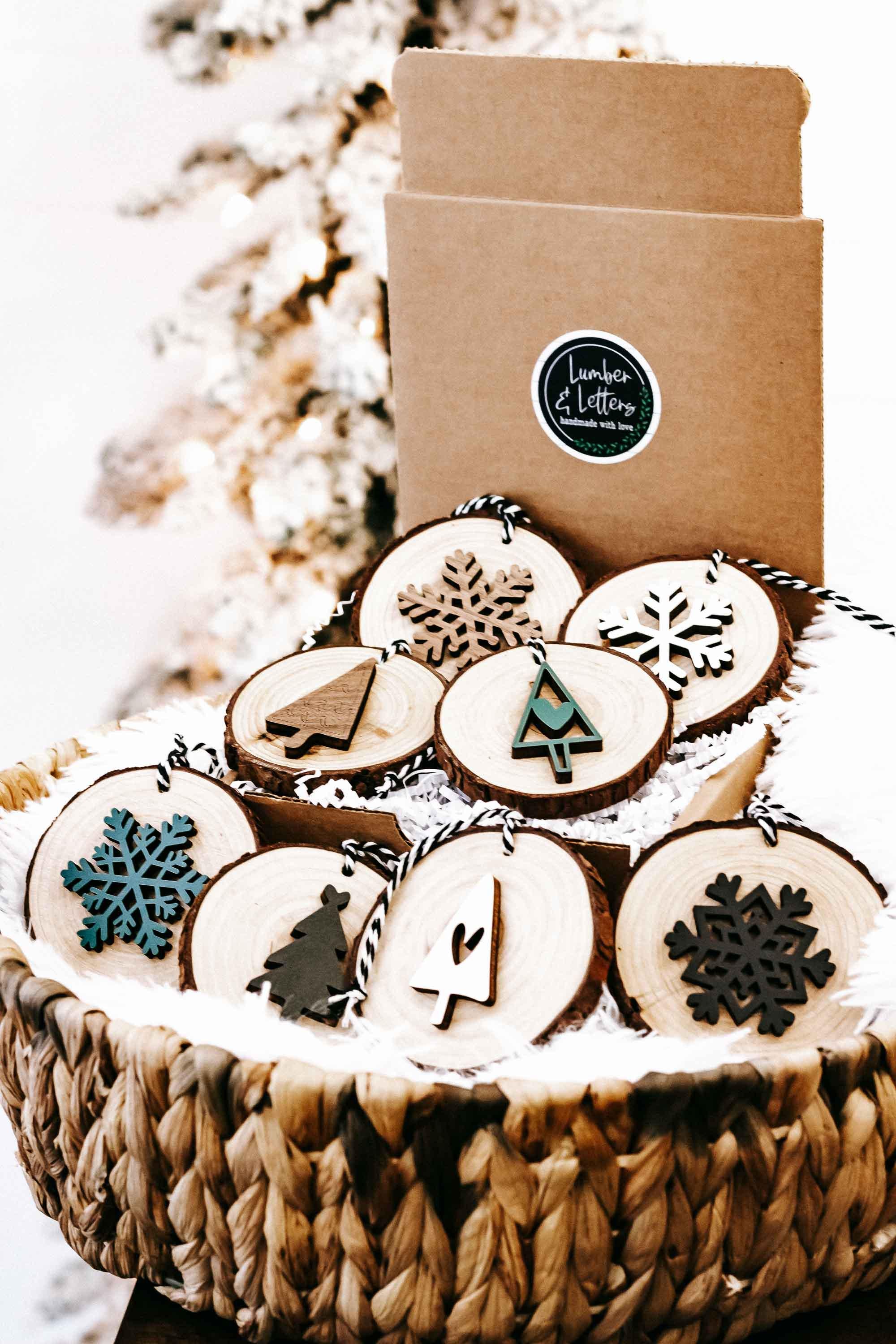 Wood slice ornament set of 8 with snowflake and tree cutouts, string hangers