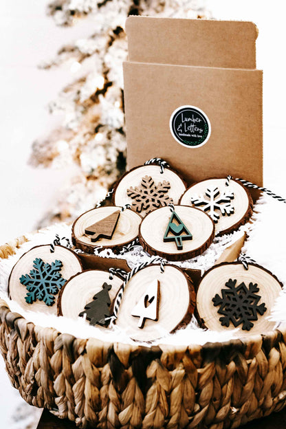 Wood slice ornament set of 8 with snowflake and tree cutouts, string hangers
