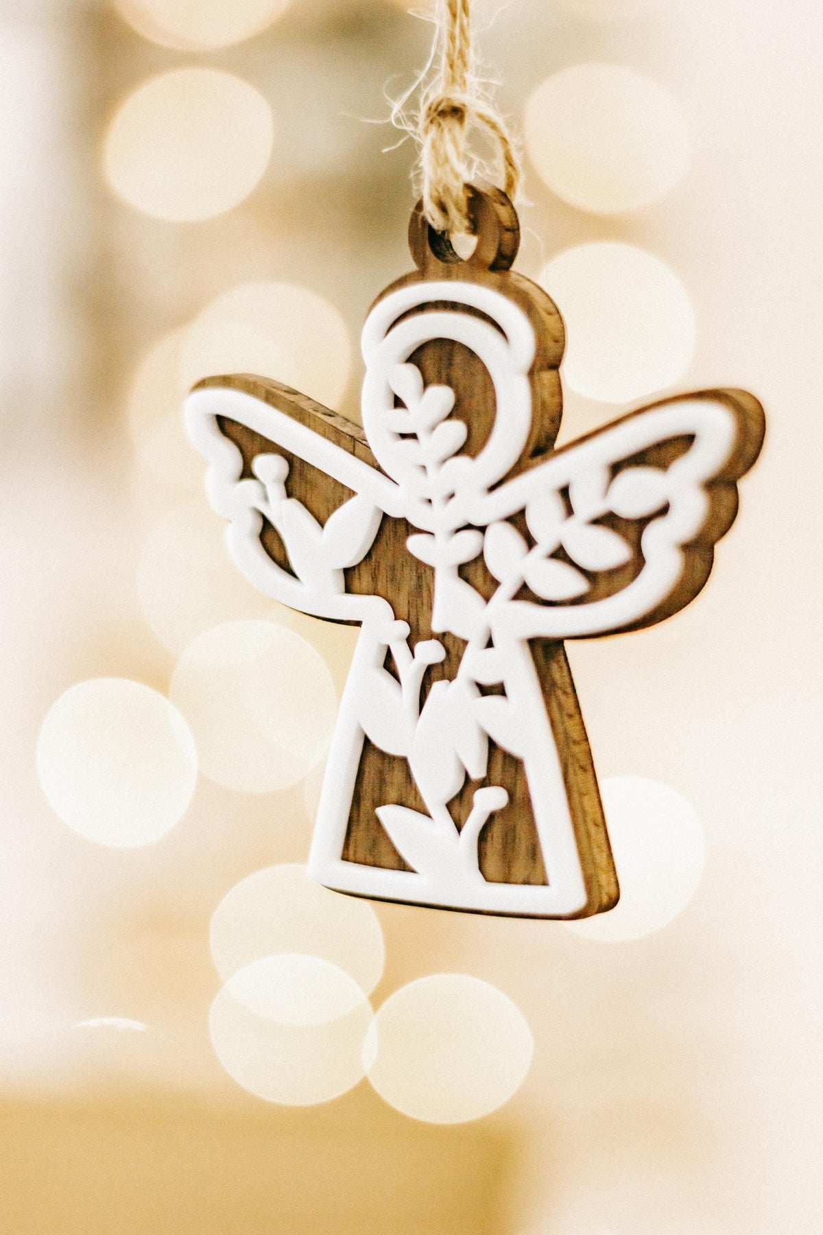 Floral cutout angel Christmas ornament with round loop top and hanging string, set of 10