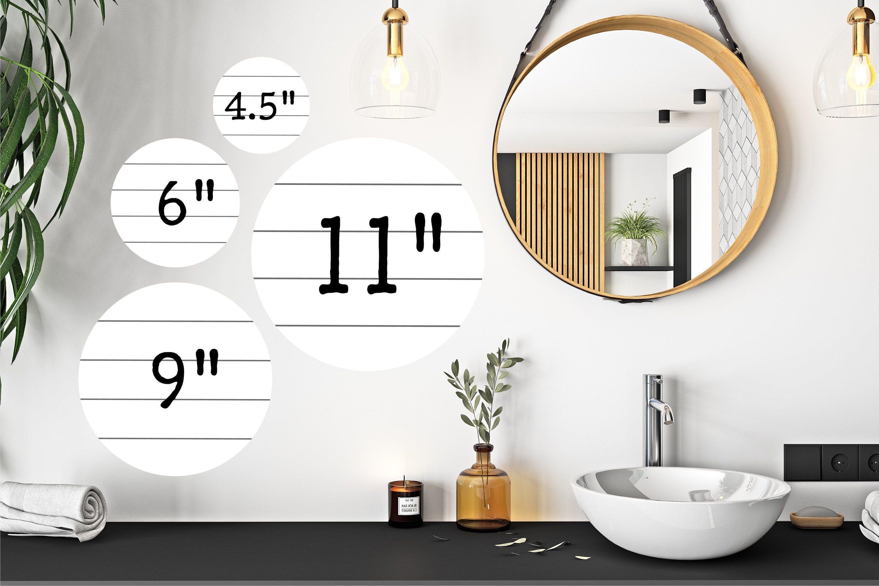 Restroom sign size guide showing 4.5 in, 6 in, 9 in, and 11 in circles