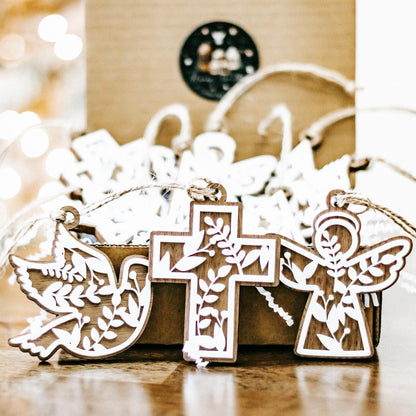 Set of 10 floral cutout Christmas tree ornaments, wooden crosses and angel designs with strings