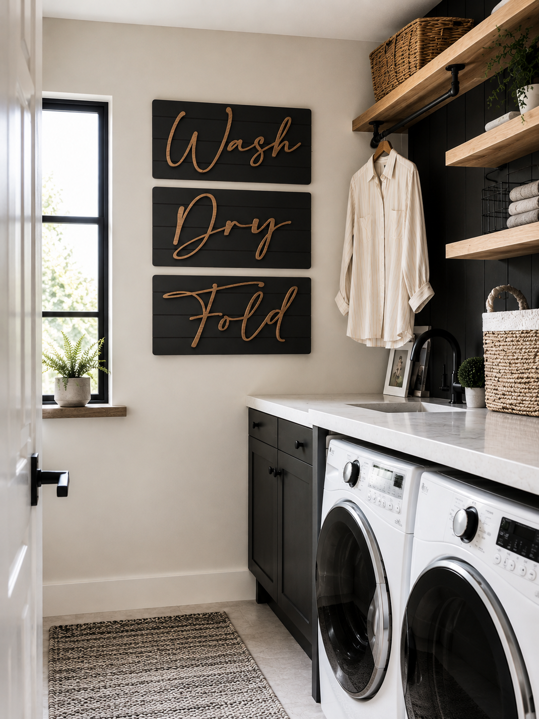 Shiplap wash-dry-fold wall sign set with three dark boards reading Wash, Dry, Fold