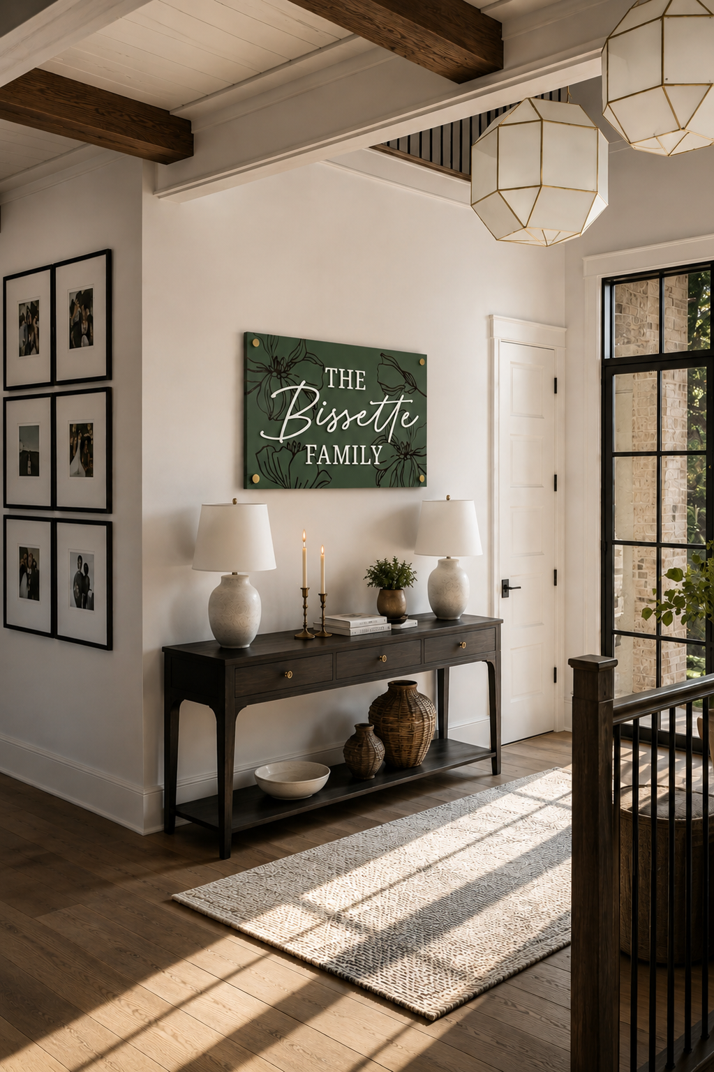 Dark green wall sign with engraved bird and floral accents, THE Bissette FAMILY