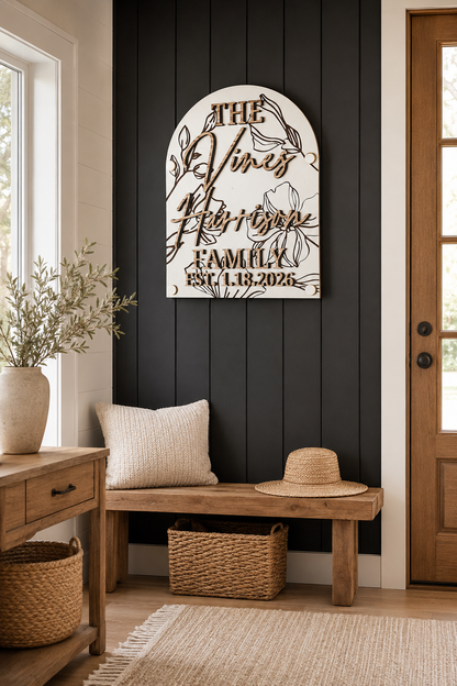 Luxury Floral Engraved Arch Family Name Sign