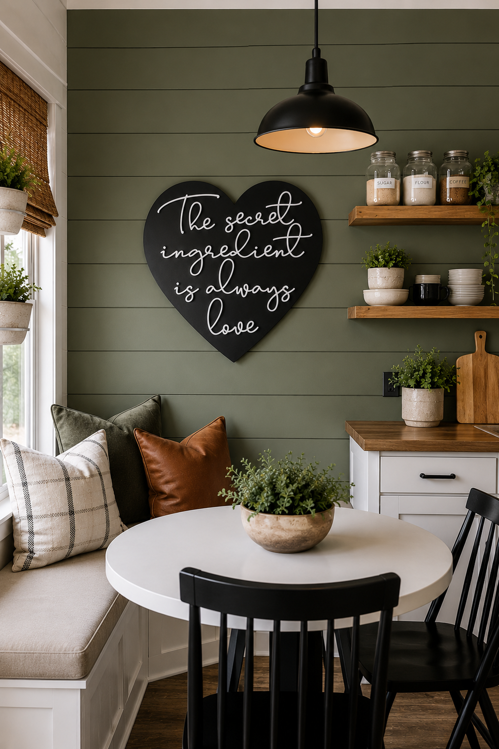 Heart-shaped kitchen wall decor with black board and cursive quote: &