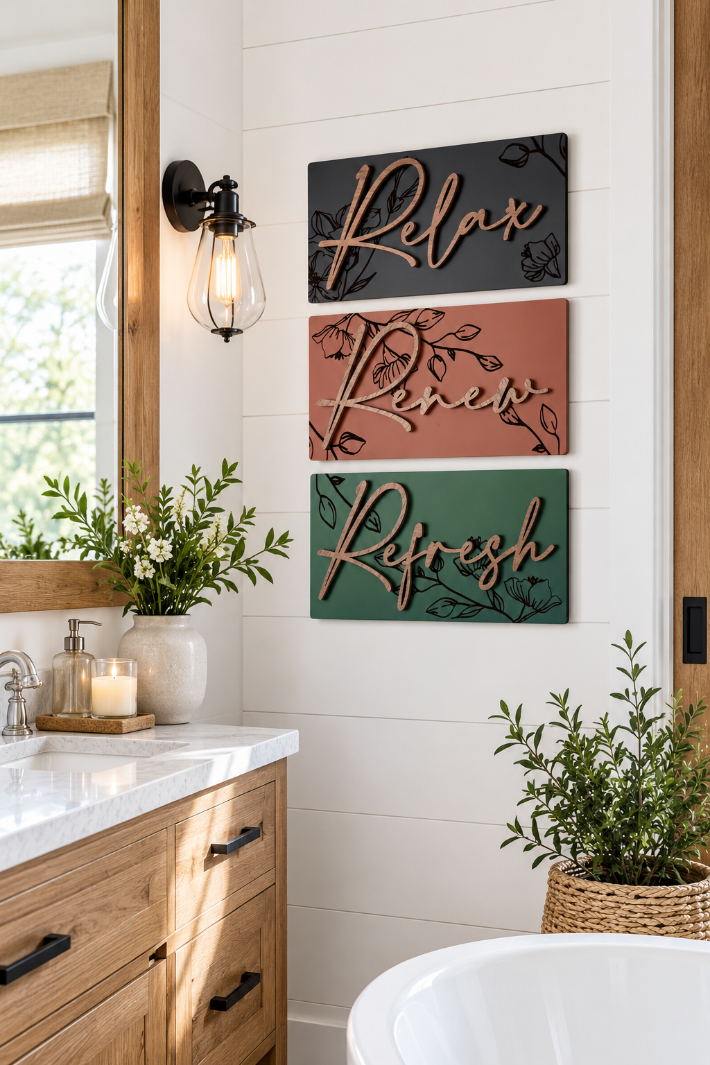 Floral engraved wall art set with three signs in black, rose, and green