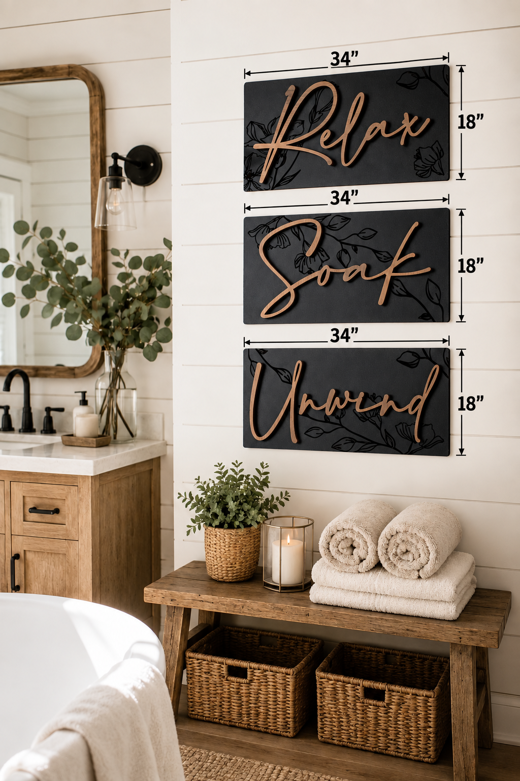 Set of three engraved wall signs: Relax, Soak, Unwind in dark script