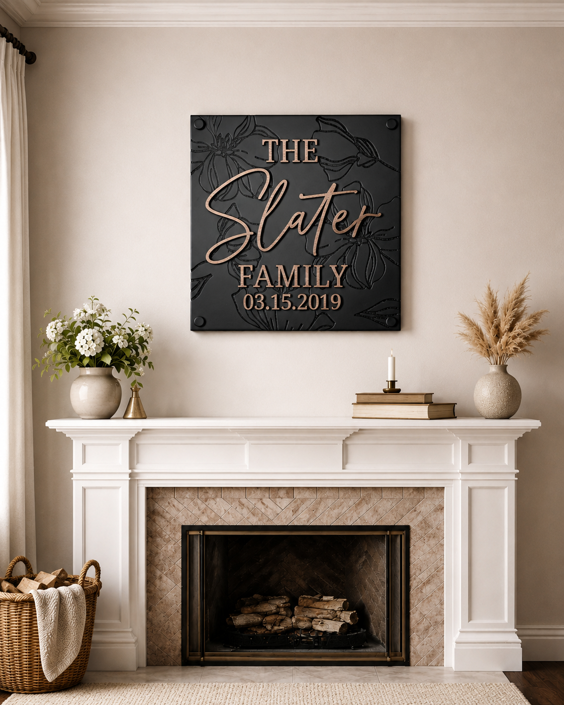 Luxury Modern Floral Engraved Square Family Sign