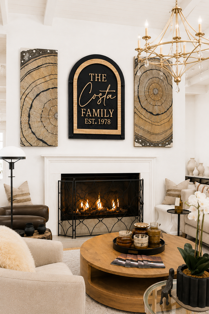 Framed arch family name sign with gold The Costa Family Est. 1978 and light wood frame