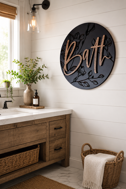 Circular bath wall sign with &