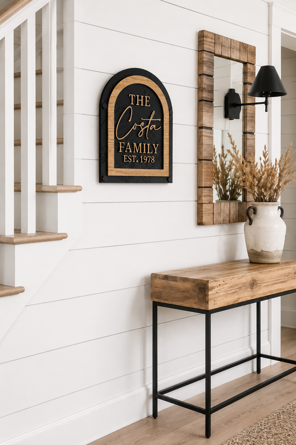 Framed arch family name sign featuring gold The Costa Family Est. 1978