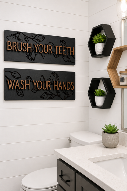 Engraved black wall plaques with gold Brush Your Teeth and Wash Your Hands lettering