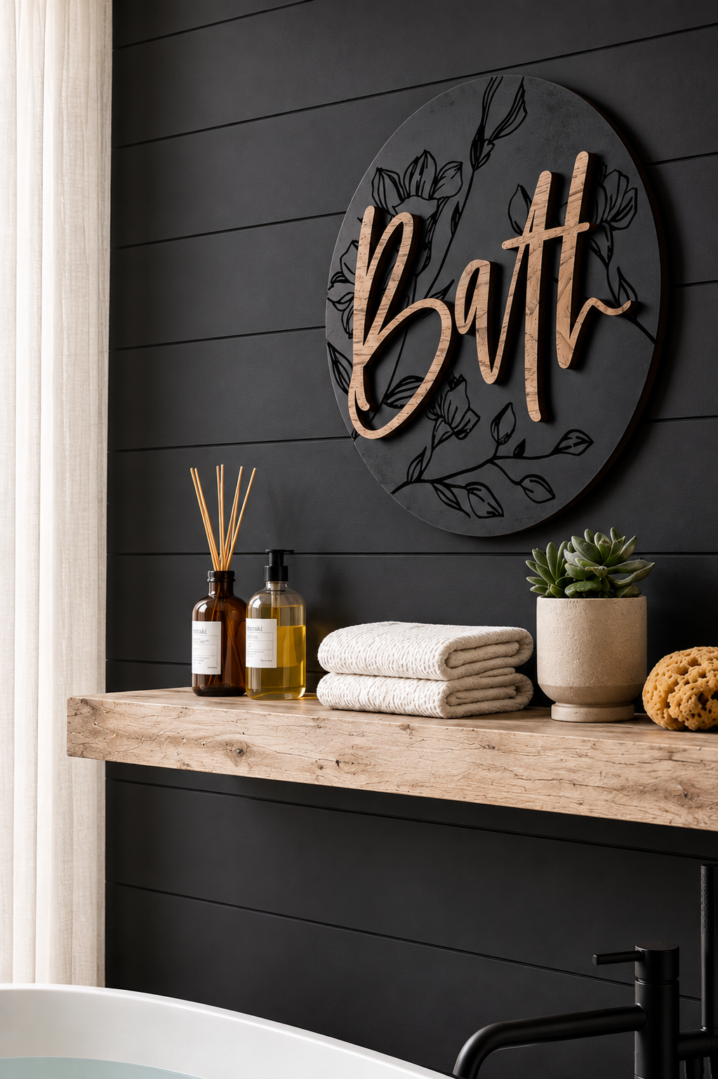 Round bath wall sign with cursive &