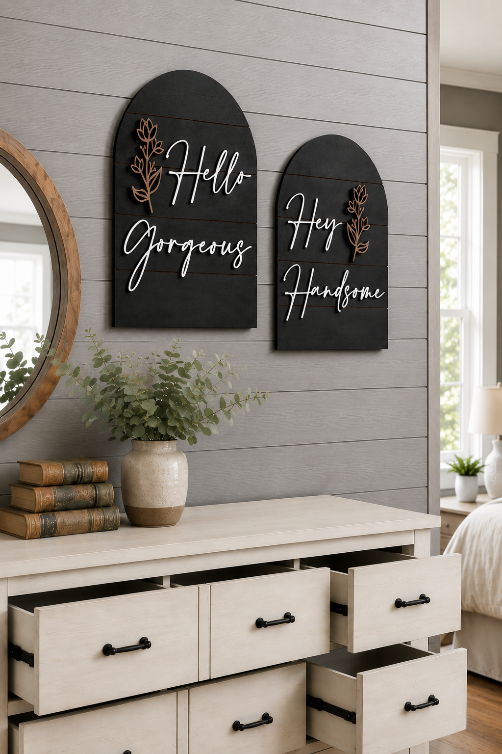Black arched wall art set with gold leaf accents and cursive text: Hello, Gorgeous, Hey, Handsome
