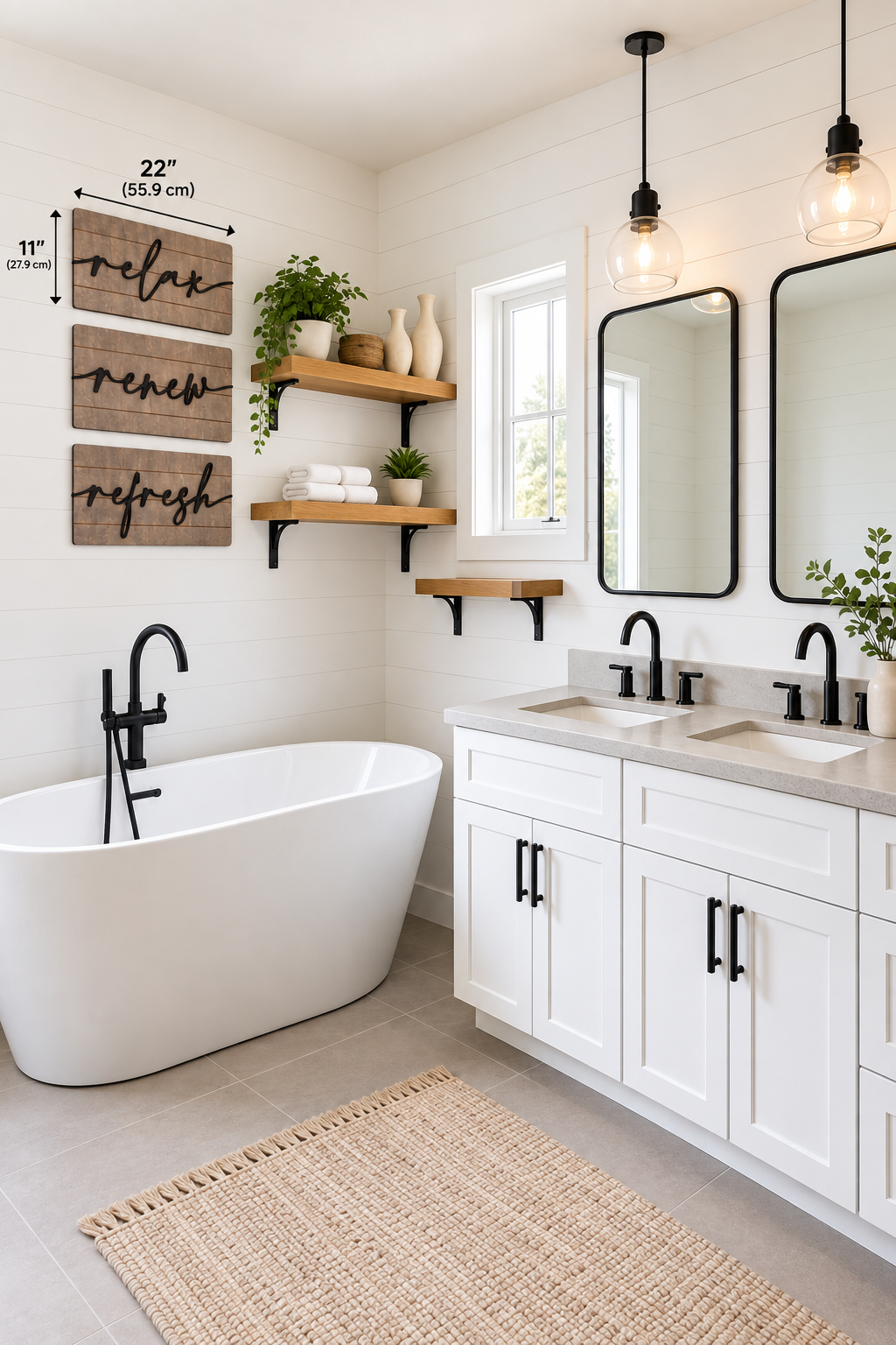 Shiplap wall set with three cursive relax renew refresh signs