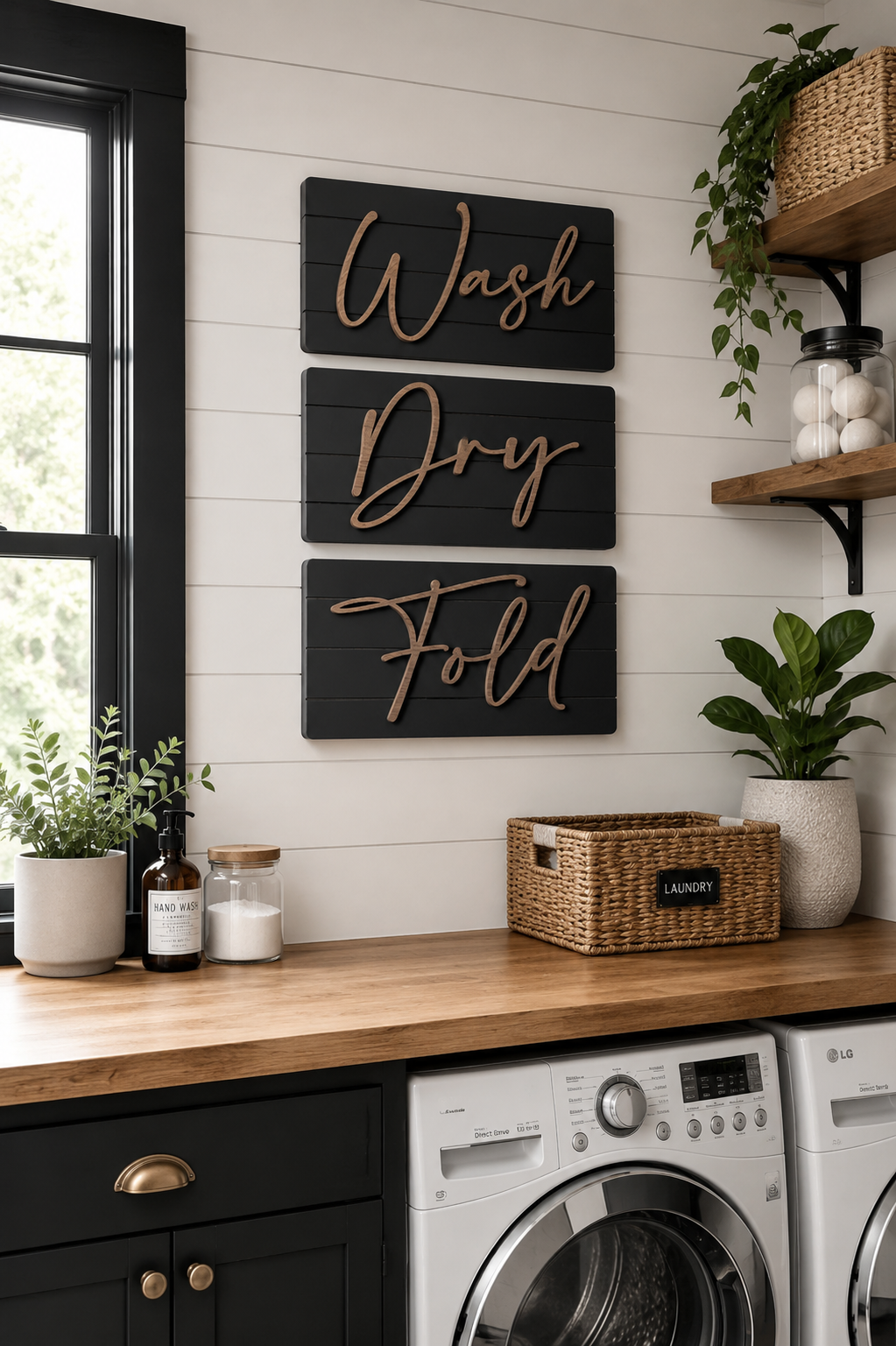 Shiplap wash-dry-fold wall sign set with three dark boards reading Wash, Dry, Fold