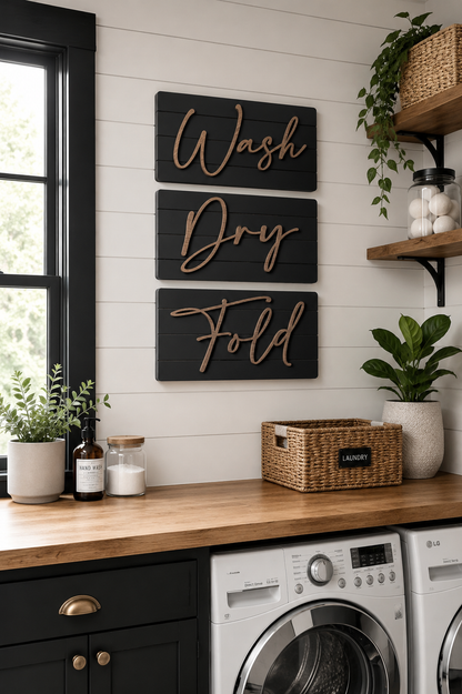 Shiplap wash-dry-fold wall sign set with three dark boards reading Wash, Dry, Fold