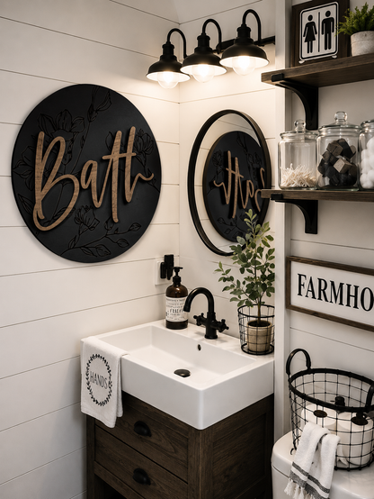 Round bath wall sign with cursive &