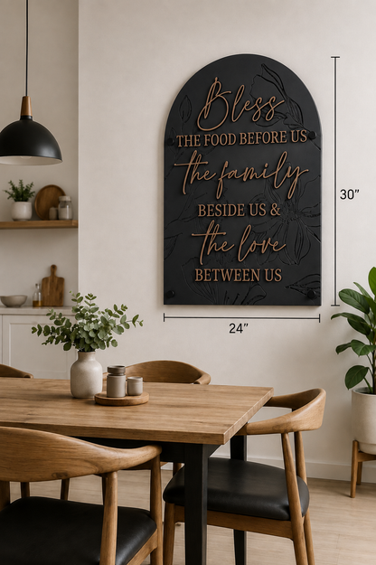 Arched real-wood kitchen wall sign, dark textured finish, gold &