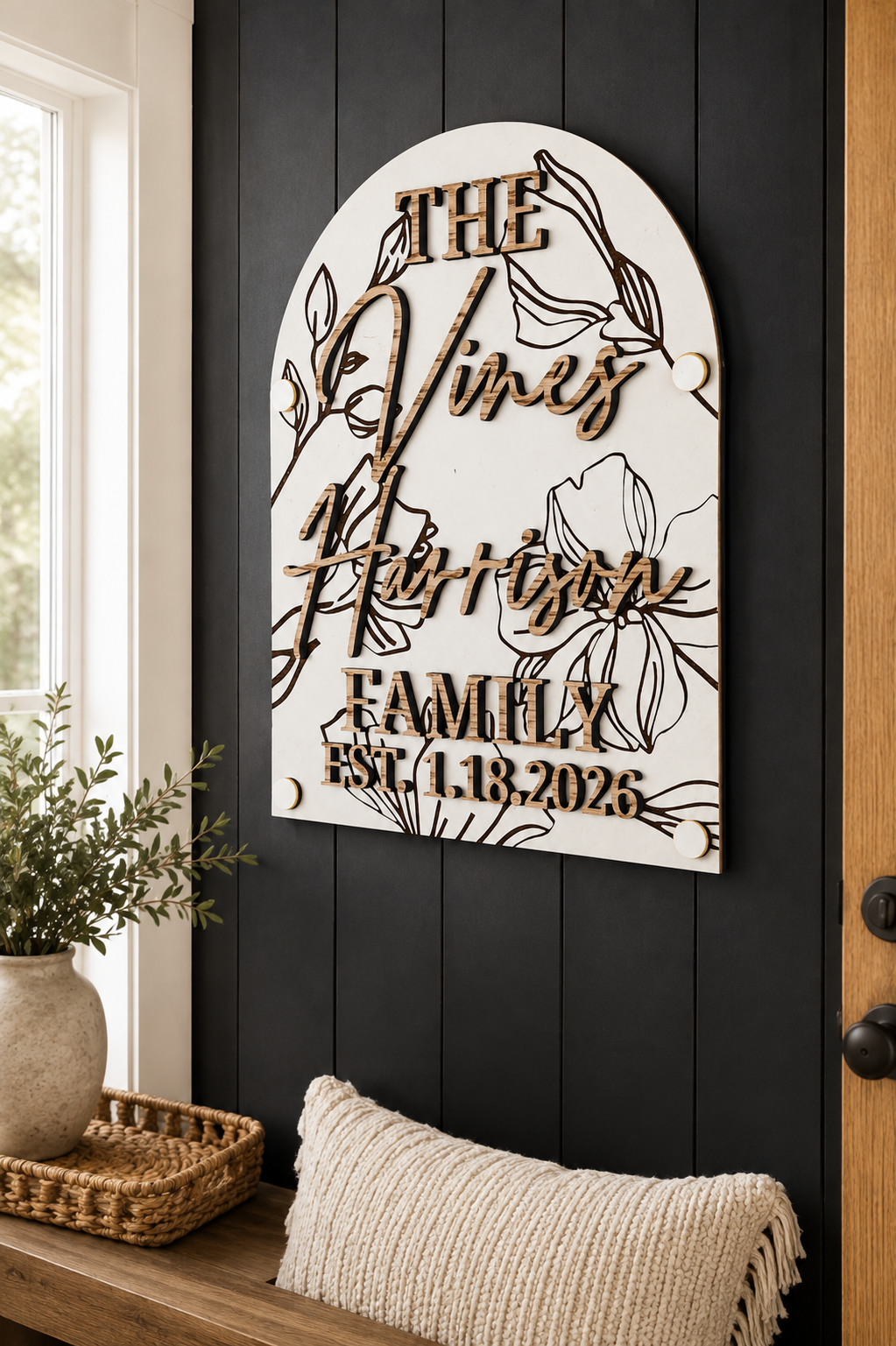 Luxury Floral Engraved Arch Family Name Sign