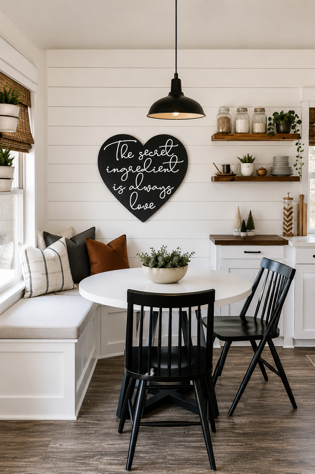 Heart-shaped kitchen wall art plaque with black background and cursive quote: &