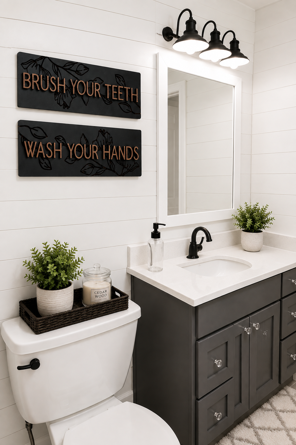 Textured wall sign pair: black rectangles with gold Brush Your Teeth &amp; Wash Your Hands